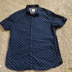 Denim & Flower Mens Slim Navy White Stars Short Sleeve Button Down Shirt Sz Lg
